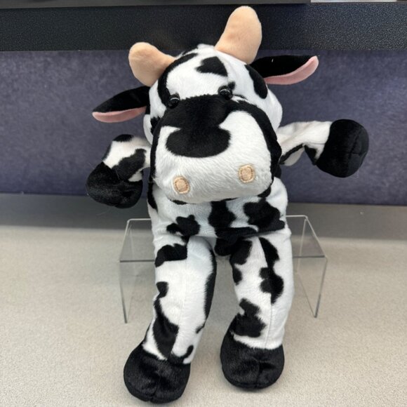 Mary Meyer Stuffed Black & White Cow w/ Spots Hand Puppet Plush Toy 12" Soft - Picture 1 of 10